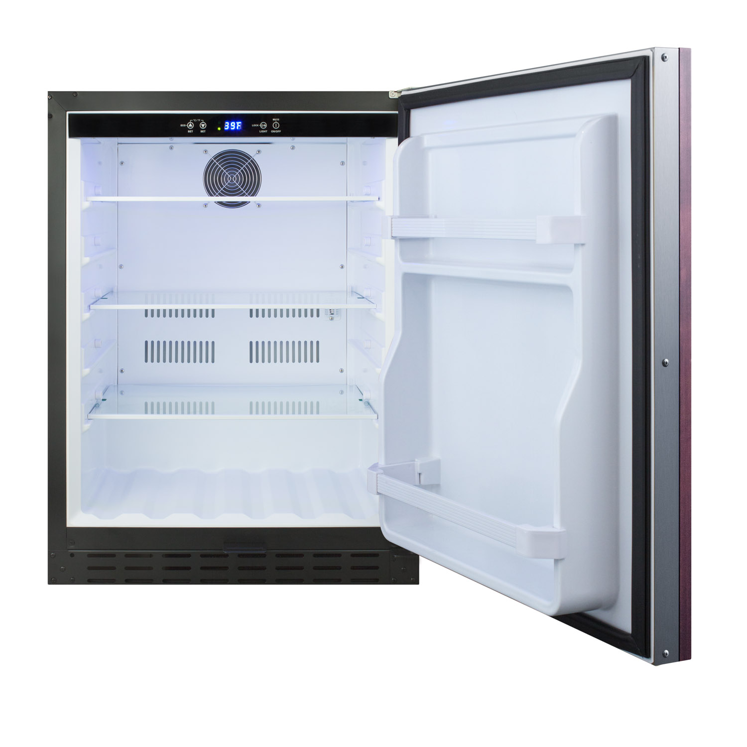 Built-in undercounter ADA compliant all-refrigerator with a panel ready door, black cabinet, door storage, lock, and digital controls